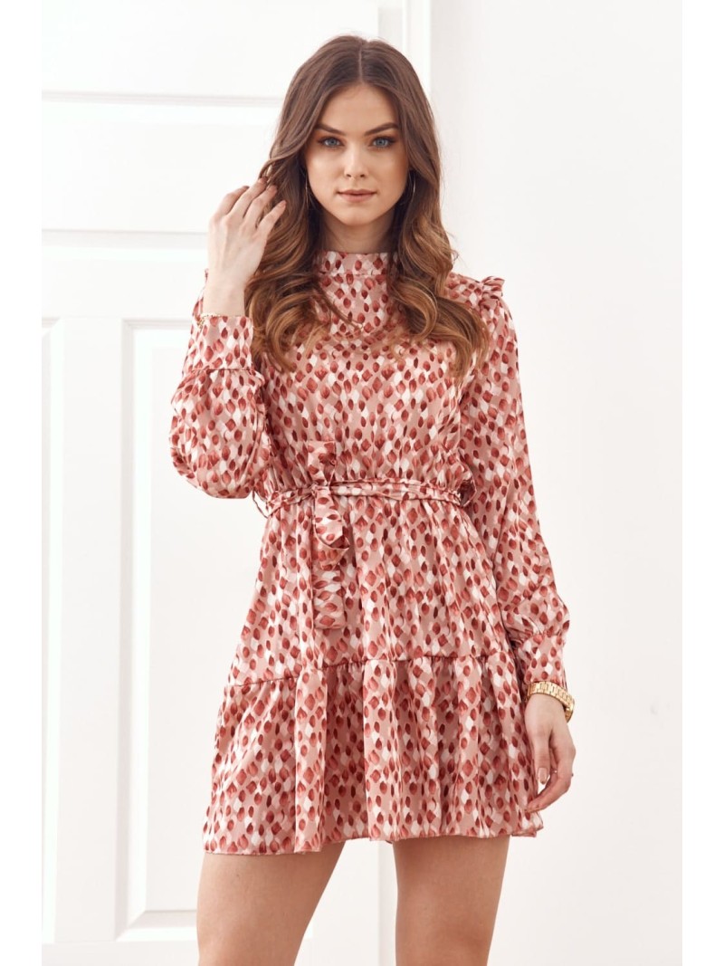 Cocktail dress with a stand-up collar in a fashionable print, pink 17576 - Online store - Boutique